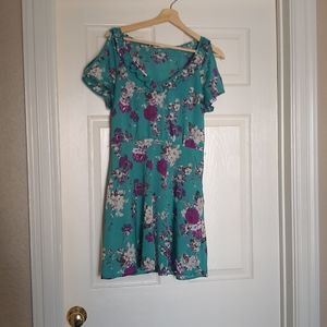 Blue and Purple Floral Skater Dress with Ruffled Collar